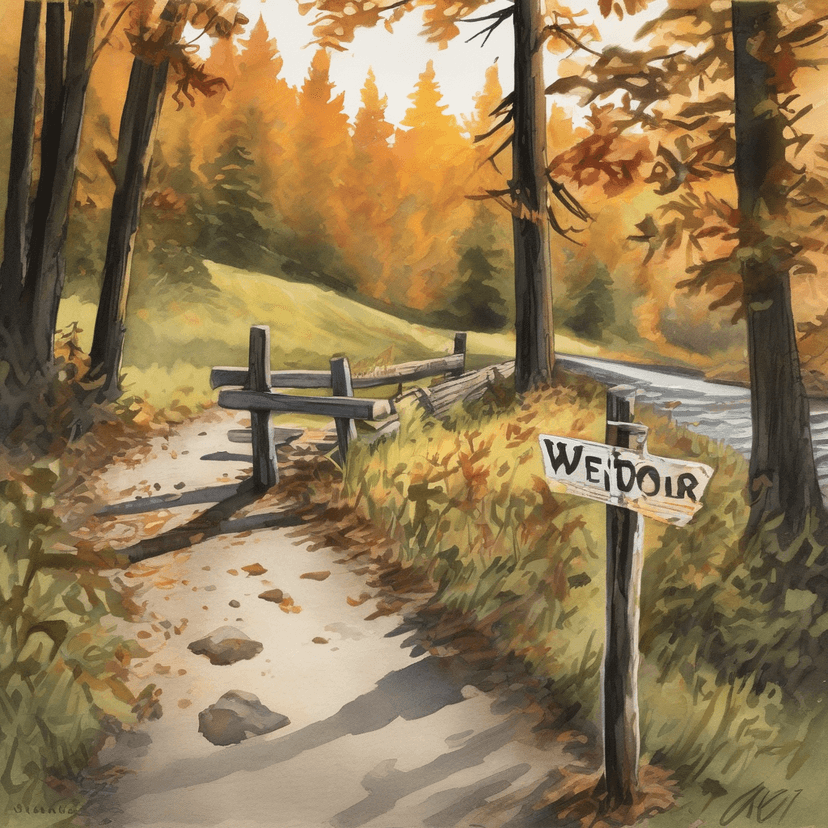 Gorge detour sign, autumn leaves in its shadow.
